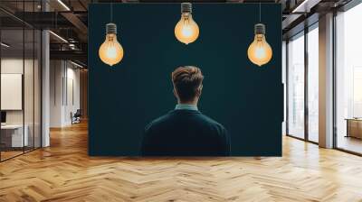 Man looking up at light bulbs, concept of ideas and inspiration Wall mural