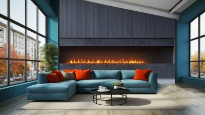 Modern living room interior with sleek fireplace, sofa, and decorative plant in a stylish setting. Wall mural