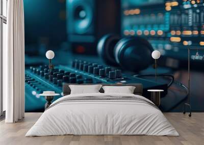 Professional audio equipment with headphones and mixing console in a modern recording studio environment. Wall mural