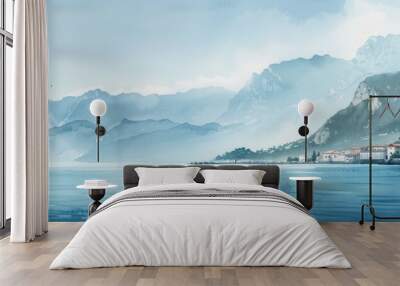 Serene coastal landscape with misty mountains and calm blue waters, perfect for relaxation and nature themes. Wall mural