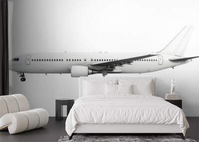 Side view of a commercial airplane with a white exterior isolated on a transparent background, ideal for travel and aviation themes. Wall mural