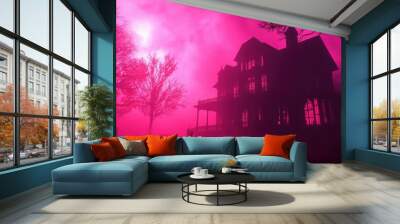 Silhouette of a spooky house in pink fog with trees. Wall mural