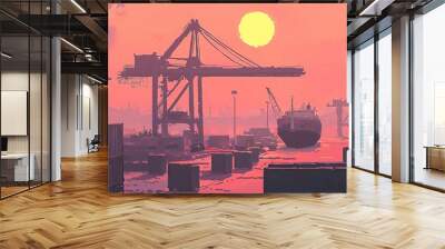 Silhouette of cargo cranes and a ship at sunset, a view of industry and trade. Wall mural