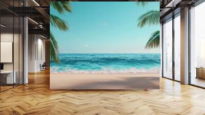 Tropical beach with palm trees and clear blue ocean, calming scenery for relaxation and escape. Wall mural