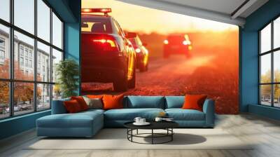 Two cars driving on a road at sunset with the sun shining in the background. Wall mural