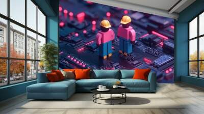 Two construction figures on a colorful circuit board, representing technology and engineering. Wall mural