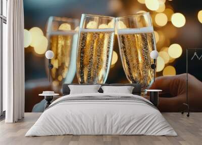 Two hands clinking champagne flutes in celebration with a festive background. Wall mural