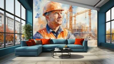 A confident construction worker stands in front of cranes, showcasing dedication and safety in the construction industry. Wall mural