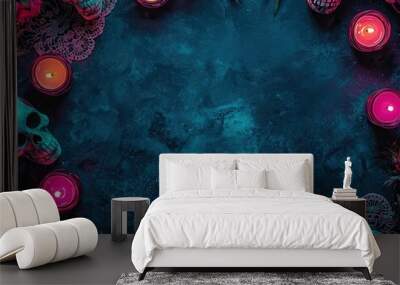 A dark, atmospheric arrangement featuring colorful candles and decorative skulls, perfect for celebrating Día de los Muertos or Halloween. Wall mural