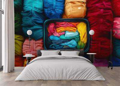 A vibrant assortment of colorful fabric rolls arranged neatly, with a contrasting basket of neatly folded textiles in the center. Wall mural