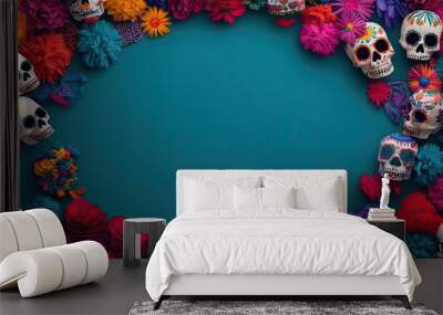 A vibrant display of colorful sugar skulls surrounded by bright marigold flowers, perfect for celebrating Día de los Muertos. Wall mural