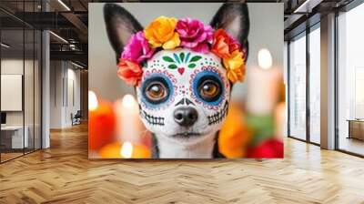 Charming dog with colorful Day of the Dead face paint and floral crown, festive background. Wall mural