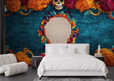 Colorful Dia de los Muertos altar featuring floral arrangements, candles, and decorative skulls on a vibrant background. Wall mural