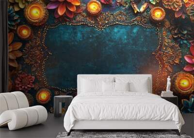 Colorful floral arrangement with candles on a textured background, ideal for spiritual or decorative themes. Wall mural