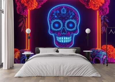 Colorful skull decoration with neon lights and marigold flowers, representing Dia de los Muertos celebrations. Wall mural