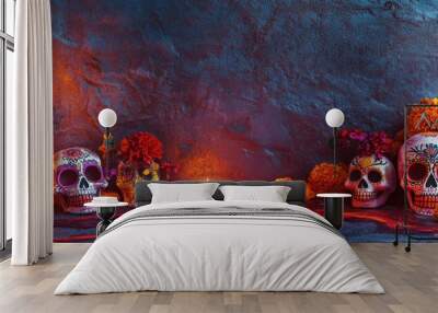 Colorful sugar skulls with marigolds and candles on a vibrant blue background for Day of the Dead. Wall mural