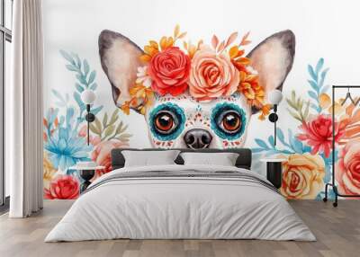 Cute dog illustration with floral crown and vibrant flowers, perfect for pet lovers and festive themes. Wall mural