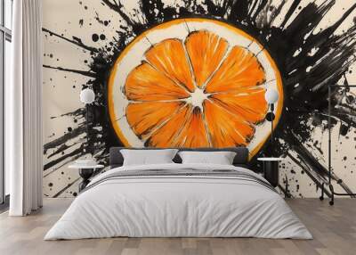 Fresh Hand-Drawn Orange Sketch with Vibrant Segments and Detailed Texture in Ink Wall mural