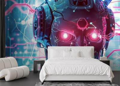 Futuristic Robot Charging with Radiant Energy Circuits in Anime Art Style Wall mural