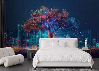 Tech Tree of Life, A stunning digital art piece depicting a vibrant tree intertwined with technology, set against a futuristic cityscape. Wall mural