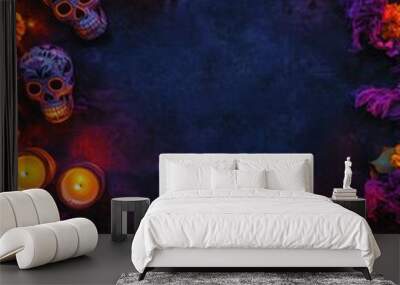 Vibrant Day of the Dead altar with colorful marigolds, candles, and sugar skulls on a dark background. Wall mural