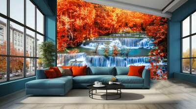 Landscape photo, Huay Mae Kamin Waterfall,Amazing waterfall in wonderful autumn forest, beautiful waterfall in rainforest at Kanchanaburi province, Thailand Wall mural