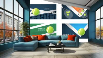 Set Tennis background for content online , Tennis ball on the on the white net  in blue tennis court , Illustrations for use in online sporting events , Illustration Vector  EPS 10 Wall mural