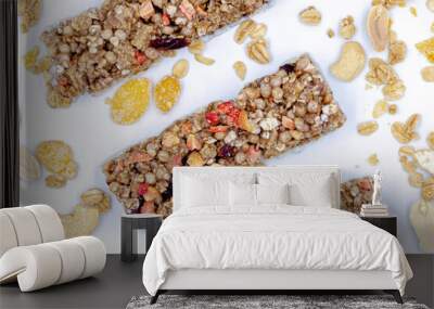 Top view granola healthy dessert bar Granola, cereal bars with nuts and berries, isolated on white background Wall mural