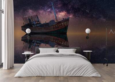 The wrecked ship under starry night with clearly  milky way Wall mural