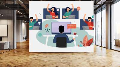 Flat illustration, people are having remote video conference in covid-19 situation. This makes them work at home without having to travel to the office to reduce the spread of infection. Wall mural