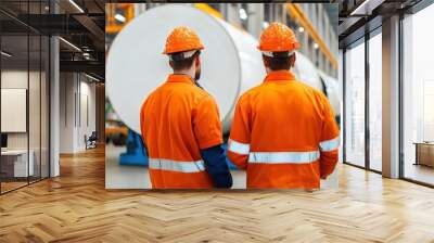 Two workers in orange safety gear and helmets stand in a large industrial facility, observing large cylindrical structures in a well-lit environment. Wall mural