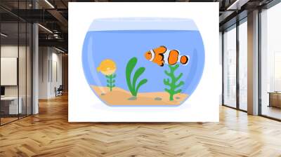 Aquarium with two fish. Clownfish and Puffer Fish in fishbowl in cartoon style. Aquarium with water, algae, sand and stones. Seaweeds, plants, underwater planting. Colored flat vector illustration Wall mural