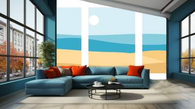 Beautiful summer sea landscape, contemporary posters with beach, sand, sky, sun, ocean. Vector illustration Wall mural