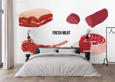 Set of different cuts of meats. Pork belly, Boneless and fatty cut of meat from the belly of a pig. Beef fillet, fresh tenderloin steak. Piece of chop lamb with bone. Meat steak on rib glyph. Vector Wall mural