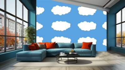 Set of vector clouds isolated on blue sky, background. White fluffy cloud collection in flat style. Cute vector decoration, graphic design elements. Soft geometric shapes. Flat Vector illustration Wall mural