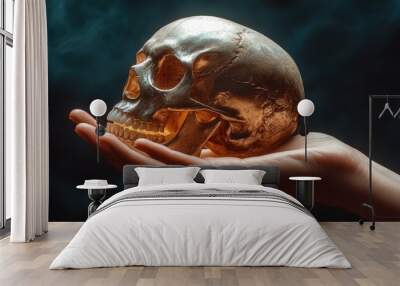 A hand lightly holds the base of a polished skull, its surface glowing softly under clean, bright lighting. Wall mural