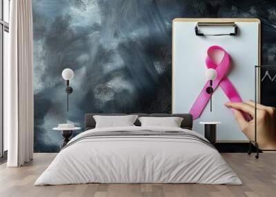 A hand placing a pink ribbon onto a clipboard, symbolizing breast cancer awareness in a professional setting. Wall mural