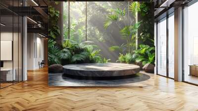 A serene indoor scene with lush plants and a circular platform, bathed in natural sunlight from large windows. Wall mural