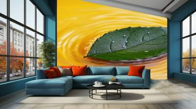 A single leaf in gentle water ripples, yellow background, isolated, 3D Blender style, tranquility, space for text Wall mural