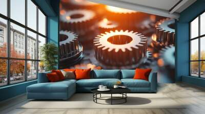 Close-up of industrial gears in warm light, symbolizing technology, engineering, and mechanics. Wall mural