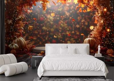 Colorful autumn leaves scattered on and around a turquoise platform, casting playful shadows in a warm, festive fall setting. Wall mural