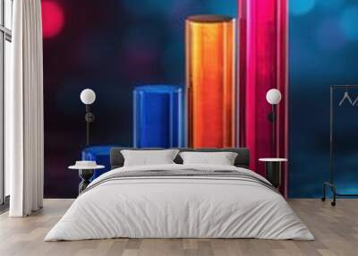 Colorful bar graph with bokeh background, representing data visualization and business growth on a dark gradient surface. Wall mural