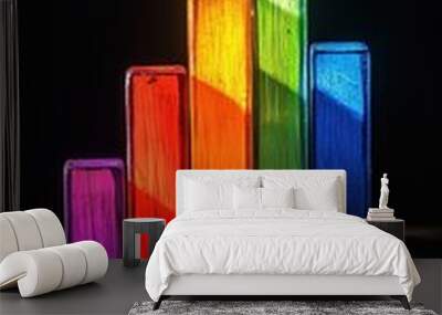 Colorful blocks arranged in a vertical bar graph shape on a dark background, illuminated to show vibrant colors and contrast. Wall mural