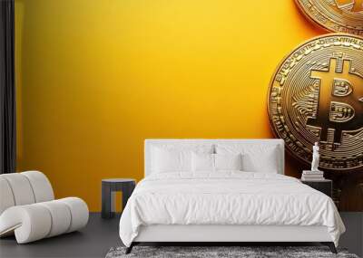 Digital Bitcoin with cryptographic symbols, isolated on a yellow background, close-up, flat design style, studio lighting Wall mural