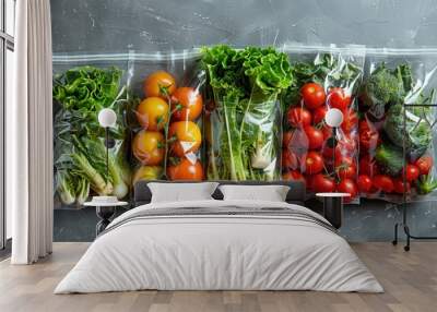 Fresh vegetables packaged in clear plastic bags laid out on a gray surface, showcasing greens, tomatoes, and leafy produce. Wall mural