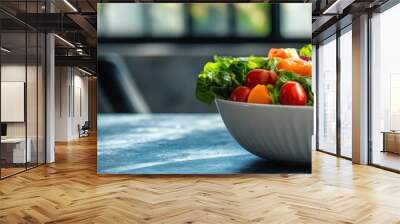 Minimalist photography of a fresh salad bowl next to a treadmill, symbolizing healthy diet and regular exercise in obesity prevention, isolated background, long shot. Wall mural