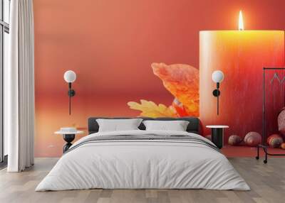 Warm-colored Thanksgiving candle, with leaf and acorn decorations, cute minimal style, 3D Blender style, isolated background Wall mural