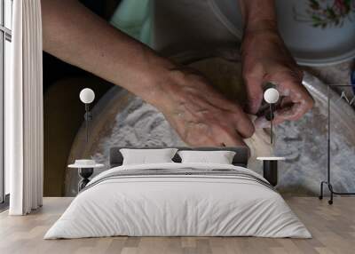 Hands are processing dough for baking. Wall mural