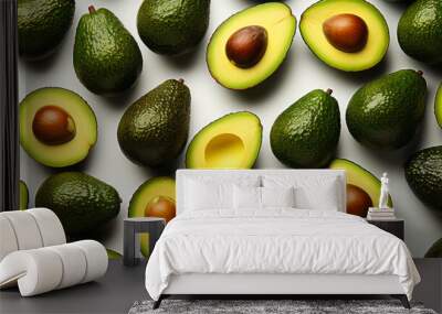 Topp view fresh avocado slice background on white background Wall mural