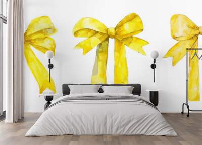 Watercolor set of yellow bows png. Yellow ribbon tied in a bow on an isolated background. Element of decoration, etc. Watercolor bow. Wall mural